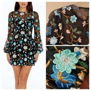 Dress The Population Sz S Mila Embroidered Mini Floral Teal Black Cocktail $358